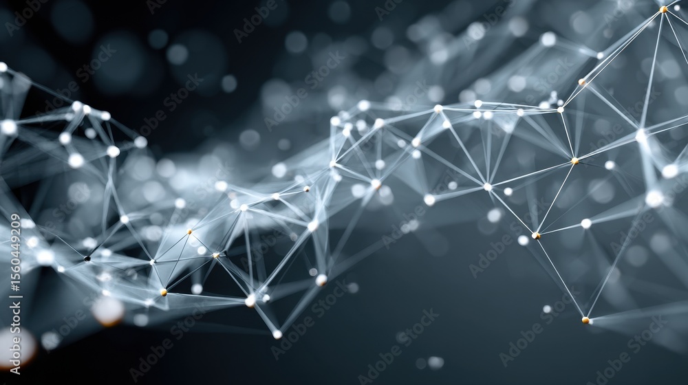 Poster Abstract network visualization with glowing dots and lines connecting across a dark blue space for data transfer and artificial intelligence