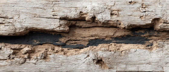 Close up of weathered wood with cracks and dark discoloration detail