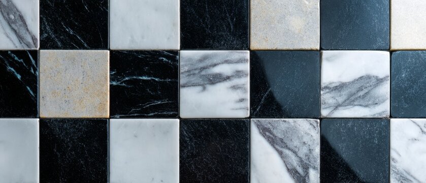 Marble checkerboard mosaic, seamless tile surface with black and white squares, luxury geometric pattern, natural stone design for creative interiors and premium wall decoration