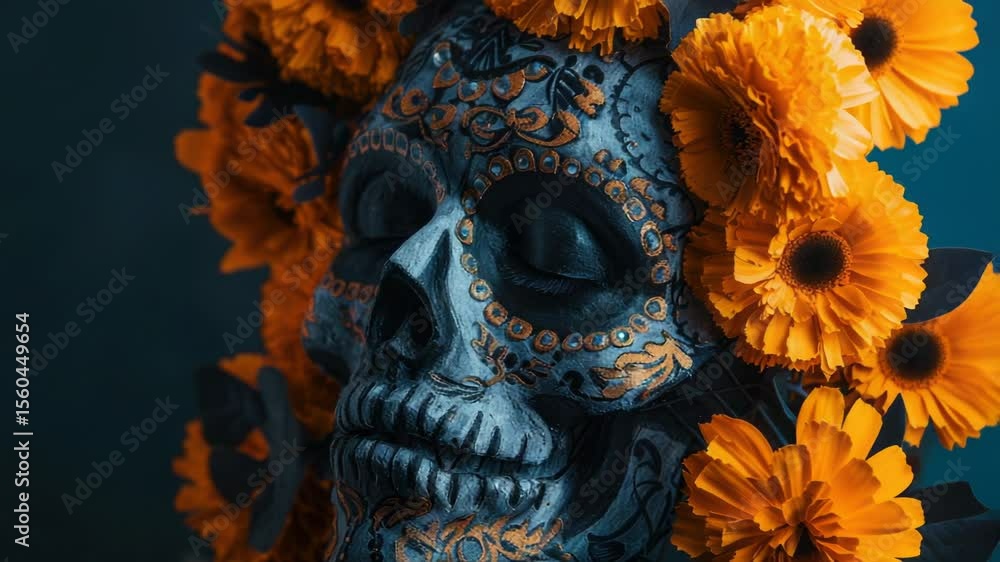 Poster a close-up shot of a skull adorned with flowers, perfect for use in dark and mysterious themes