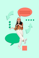 Collage of young people surrounded by digital chat windows symbolizing online communication social media virtual chatting