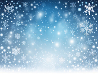Fototapeta premium Magical blue winter background with falling snowflakes and sparkling lights, creating a festive and frosty atmosphere.