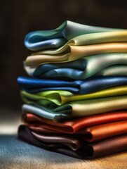 Smooth, luxurious silk fabrics are stacked, displaying a beautiful gradient of colors