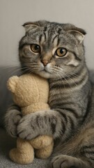 Fototapeta premium Adorable cat hugging teddy bear.