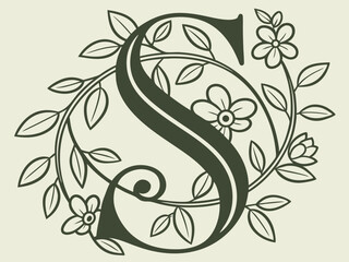 Elegant floral letter s design with botanical elements in a decorative nature inspired illustration.