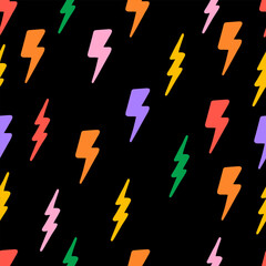 Trendy Colorful Thunderbolt Seamless Pattern isolated on black background. for fabric, textiles, clothing, wrapping paper, cover, banner, home decor, abstract backgrounds. Vector illustration.