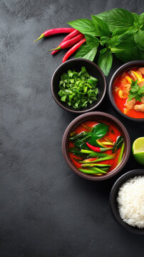 Overhead shot displays delicious Thai soups alongside fresh basil, red chili peppers, coriander, lime and white rice, arranged tastefully on a dark backdrop.