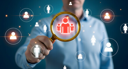 Man in Blue Shirt Holding Magnifying Glass over Red Highlighted Person Icon with Surrounding Network Icons