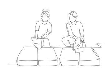 Packing for family travel concept one-line drawing