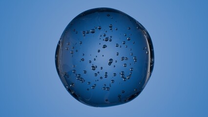 Realistic render of a clear sphere filled with air bubbles, set against a light blue sky. Evokes...