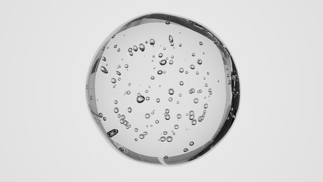 Close-up of a floating bubble with suspended water droplets and internal air pockets on a white backdrop. Ideal for clean product visuals, science-based content, or organic product presentations