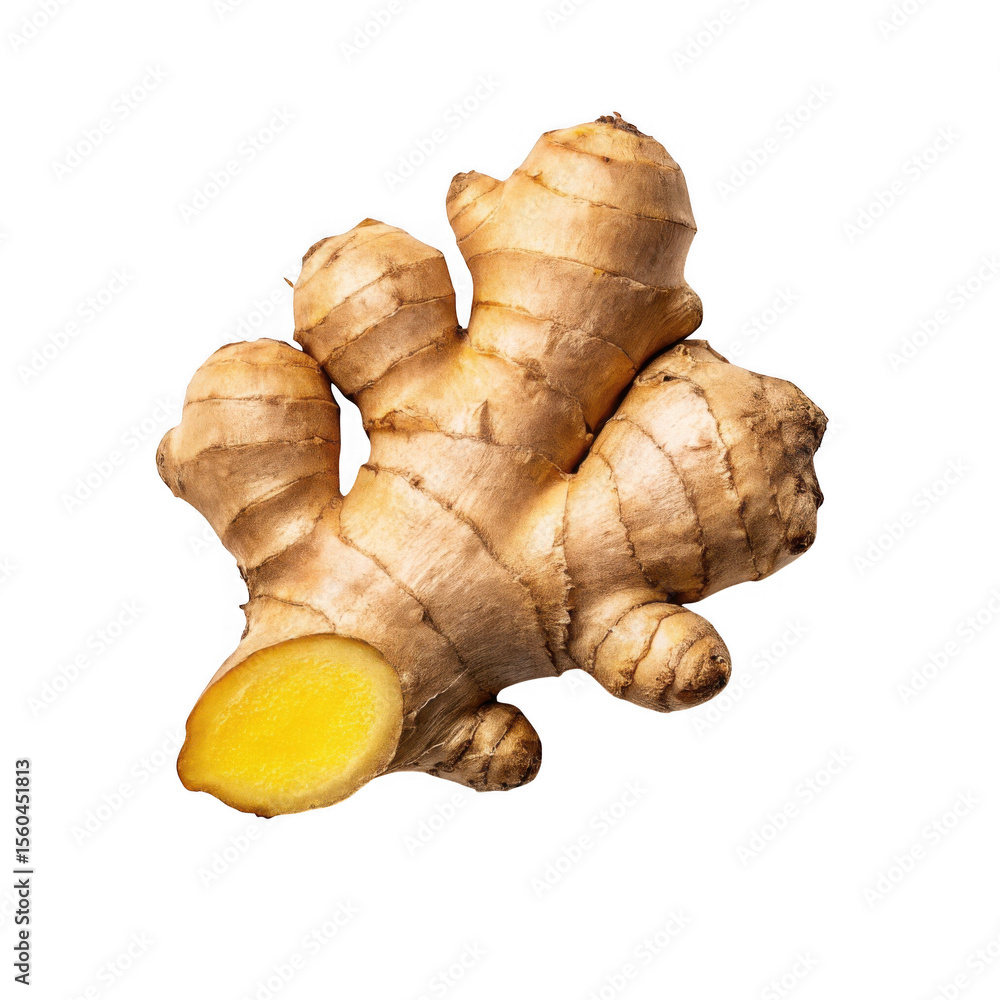 Poster 3d fresh ginger root with slice isolated on transparent background