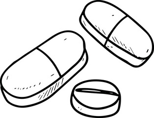 Pills doodle sketch vector icon on transparent background, medication symbols