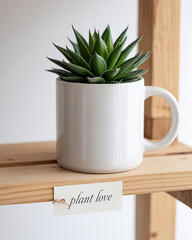 Small Green Succulent Plant in a White Mug on a Wooden Shelf with Plant Love Tag