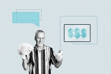 Poster trend sketch 3D photo collage of aged man smile hand hold banknote smartphone dollars speech cloud goal trade stats target success