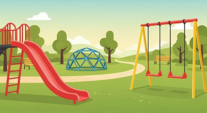 Cartoon Playground Scene with Slide, Dome Climber, and Swings