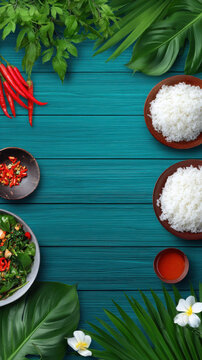 Tropical blue table setting featu fresh green plants, white rice, chili peppers, and spices creating an inviting and vibrant culinary atmosphere.