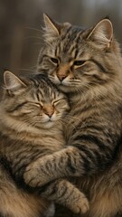 Fototapeta premium Fluffy cats cuddling affectionately outdoors.
