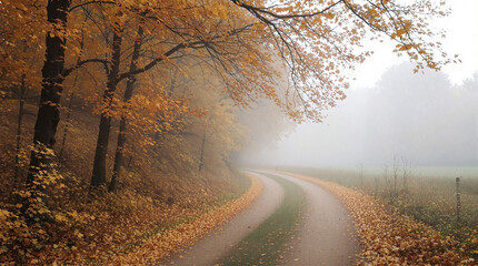 A winding country road in autumnal fog.