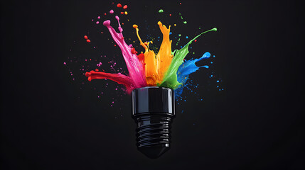 Artistic lightbulb emits colorful paint splashes, creating a vibrant burst of creativity on a dark background, a dynamic and expressive design.
