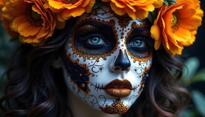  A mesmerizing close-up of a woman adorned in intricate Day of the Dead (Día de los Muertos) skull makeup, featuring vibrant orange marigolds, delicate beadwork, and striking blue eyes against a dark 