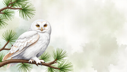 Obraz premium White owl perched on pine branch against soft pastel background 