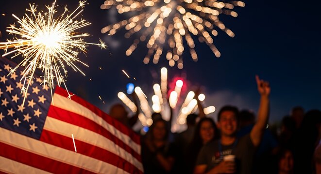 Celebrating with Sparkler, American Flag, and Fireworks at Patriotic Event