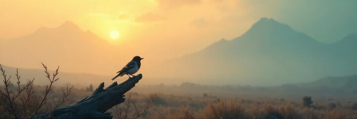 Fototapeta premium Lone Bird on Branch, Vast Mountain Landscape Solitude and Isolation in Nature