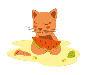 Cute cat with a watermelon on the beach. Color clip art for your projects.