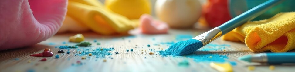Fototapeta premium Brightly Lit Cleaning Supplies and Paintbrush A Playful Artistic Home Cleaning Scene