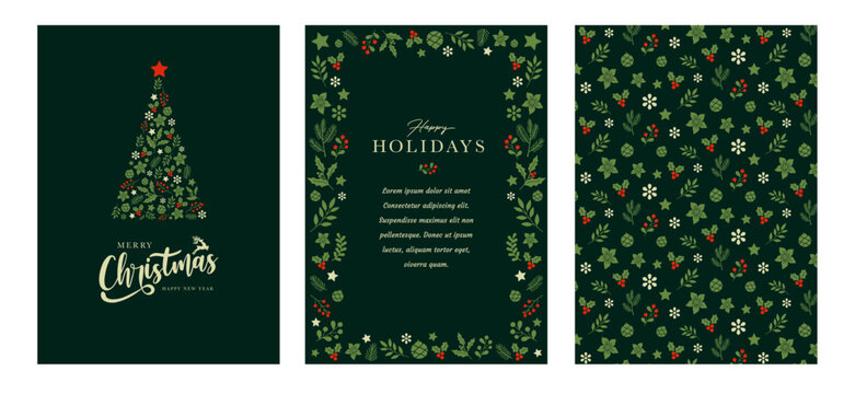 Christmas card with tree, reindeer, ornate floral frames, background and text space. Universal artistic templates.