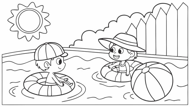 Line art coloring page, summer theme, children playing in a swimming pool with inflatable toys, sun, clear water, simple lines, no shading, black and white