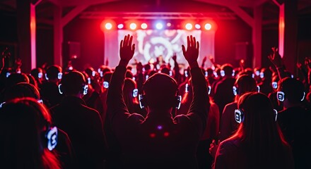 Silent Disco Party Crowd Wearing Headphones with Raised Hands at Concert