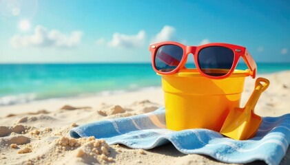 Humorous Beach Scene Oversized Sunglasses on Towel, Bucket, Spade - Summer Vacation Fun