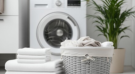 Clean Laundry Scene with Folded Towels and Washing Machine