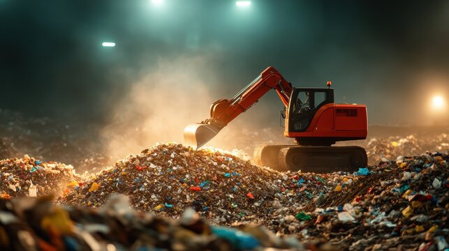 An excavator moves piles of garbage at a landfill site at night under artificial lights, highlighting waste management operations. - Powered by Adobe