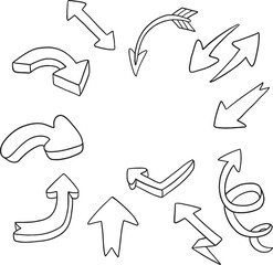 A comprehensive collection of hand-drawn arrow illustrations in monochrome outline style, featuring various directions, shapes, and 3D effects. This versatile set includes straight, curved, circular.