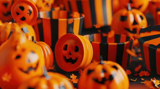 A bunch of orange and black pumpkins in various shapes and sizes, great for Halloween decorations or fall-themed designs