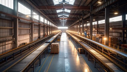 Obraz premium Rustic Warehouse with Conveyor Belts and Soft Ambient Glow