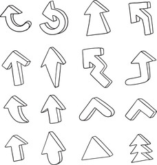 A comprehensive collection of hand-drawn arrow illustrations in monochrome outline style, featuring various directions, shapes, and 3D effects. This versatile set includes straight, curved, circular.