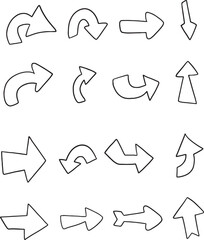 A comprehensive collection of hand-drawn arrow illustrations in monochrome outline style, featuring various directions, shapes, and 3D effects. This versatile set includes straight, curved, circular.