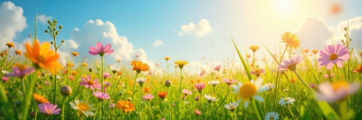 Fototapeta premium Sun-Drenched Wildflowers Gently Swaying in a Summer Breeze Serenity, Peace, and Joyful Nature