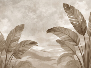 Sepia-toned abstract botanical illustration featuring large, stylized leaves against a textured, cloudy background.