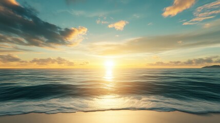 A peaceful sunrise over the ocean, with gentle waves washing onto a sandy beach under a partly cloudy sky.
