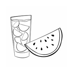 Handdrawn of a glass with ice watermelon slice on fruit drink
