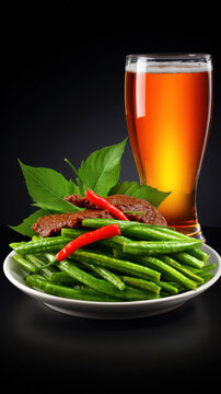 A vibrant beer rests behind a plate of stir fried green beans topped with red chilies and basil leaves against a dark backdrop, food photography style.