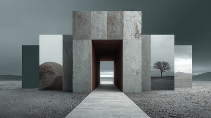 Mysterious concrete structure with path and portal to a beach and scenes of nature in a surreal landscape at daytime