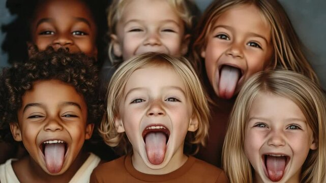 Children laughing and showing their tongues in a playful group portrait taken indoors