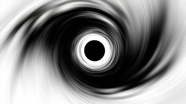 Minimalist abstract radial design of a black hole, creating a hypnotic vortex or tunnel effect on a white background.

