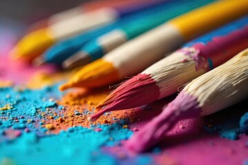 Obraz premium Vibrant Acrylic Paintbrushes Ready for Artistic Creation A Close-Up of Colorful Paints and Studio Setup